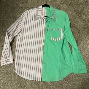 Green and Pink Striped Button-Up Shirt